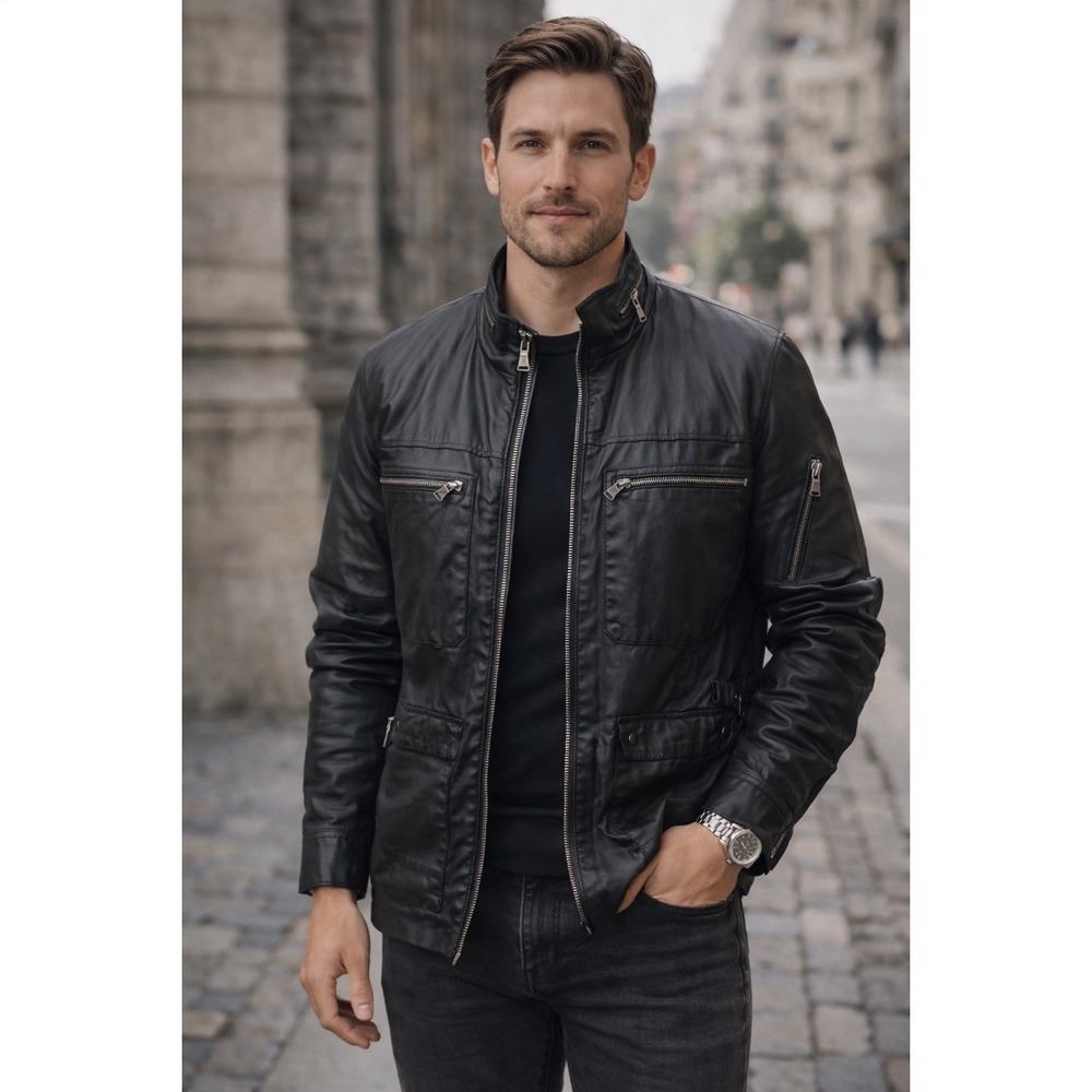 Express Mens‎ Black Moto Utility Jacket Size M Full Zip Edgy Faux Leather Sleek